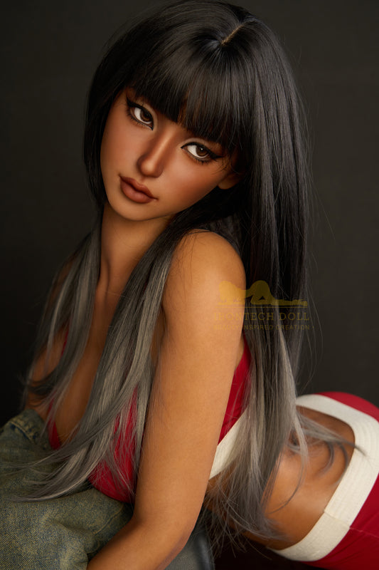 Tanned silicone sex doll with brunette hair and F cup bust