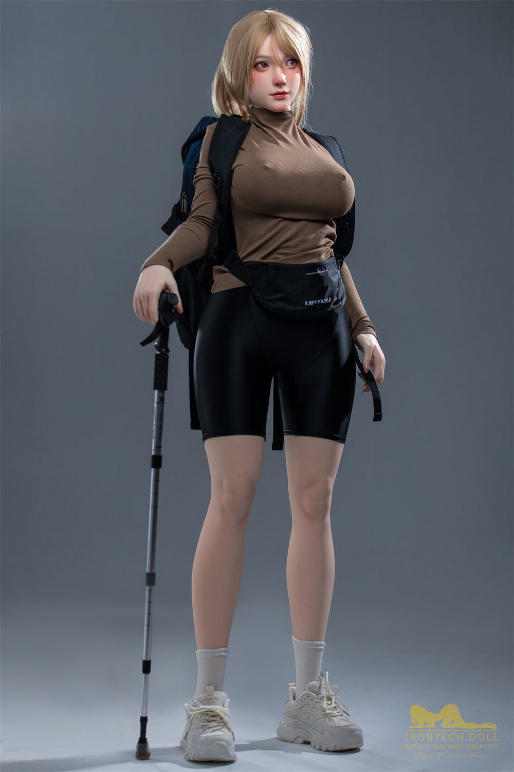 Blonde love doll wearing tight hiking outfit with backpack