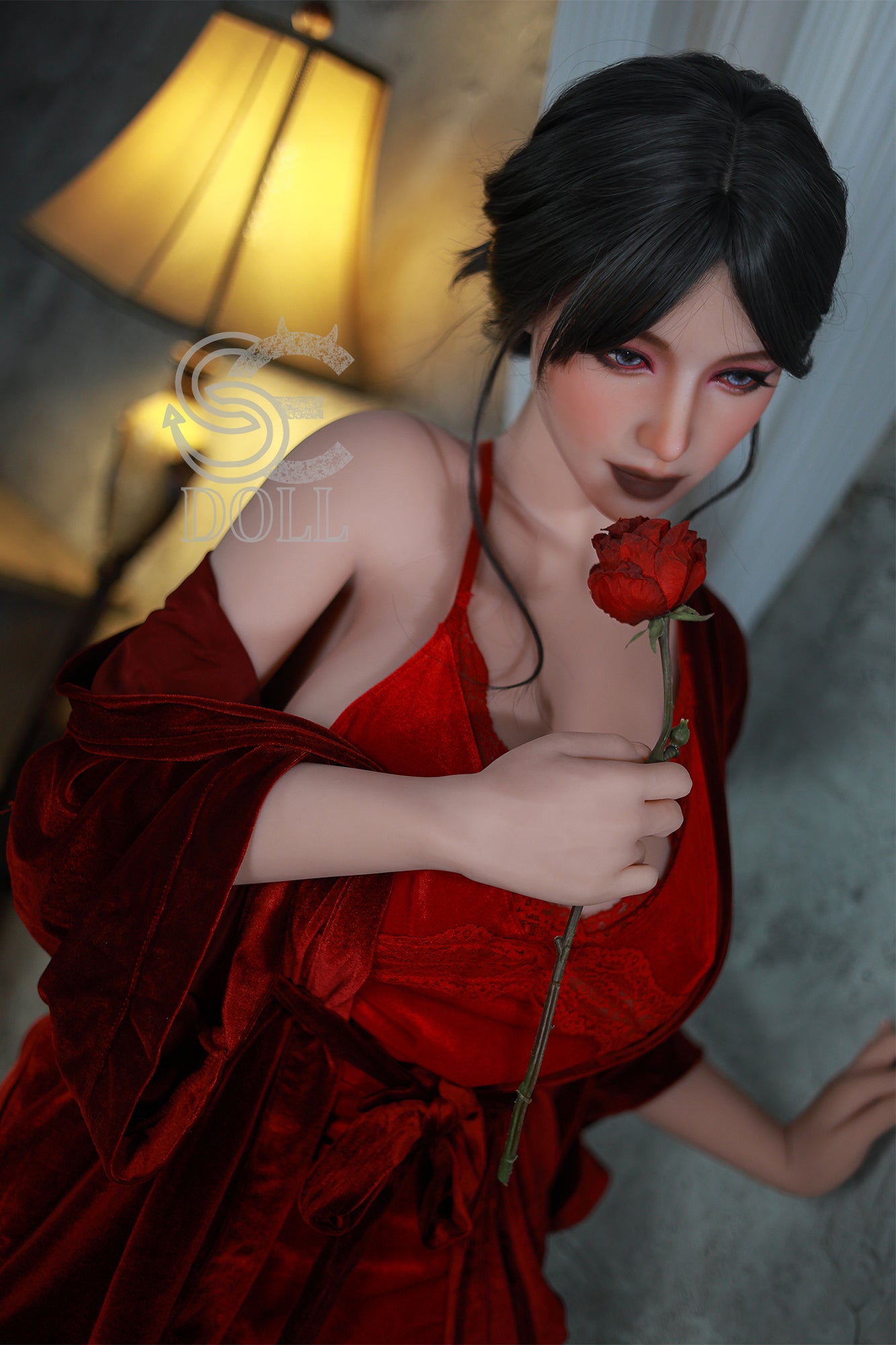 Busty mature sex doll holding a rose.
