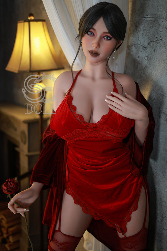 Felicia .E 157cm H cup silicone sex doll in red lingerie.