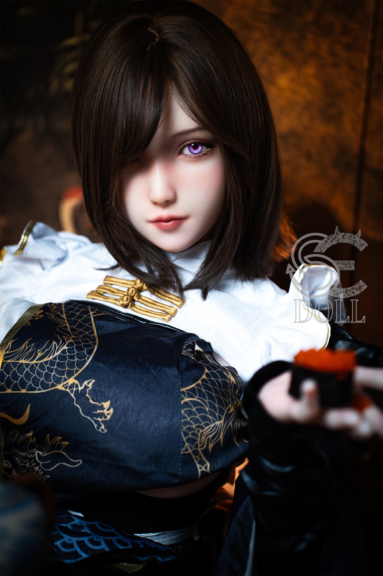 Standing sex doll in a dark kimono dress with lifelike features and sensual style.