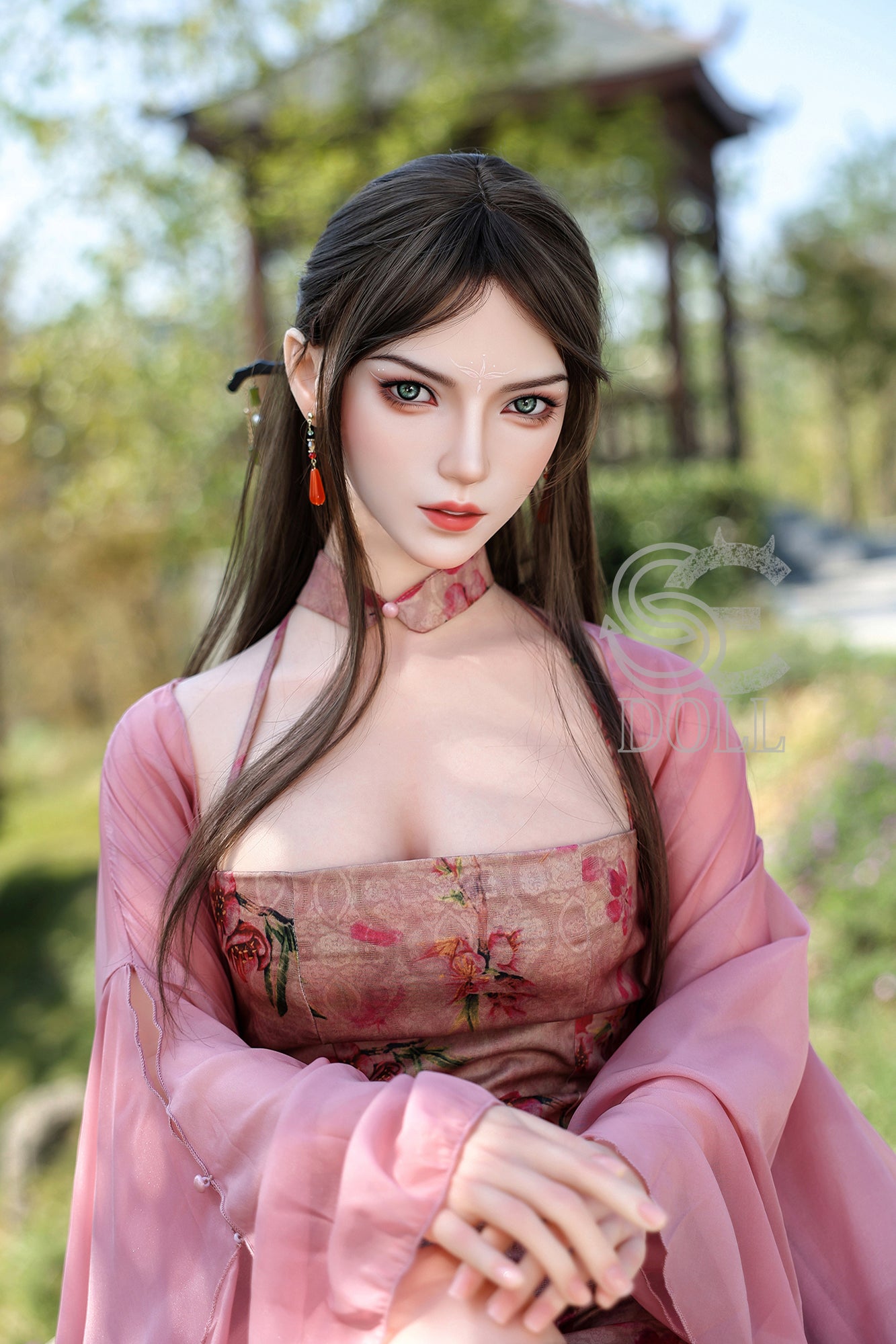 Asian style silicone sex doll with elegant outfit and sensual expression.