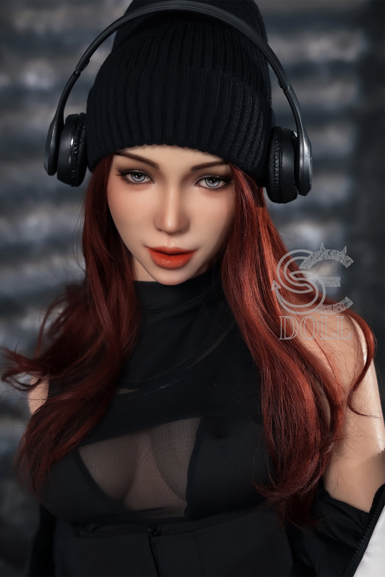 Passionate love doll with headphones and playful seductive look