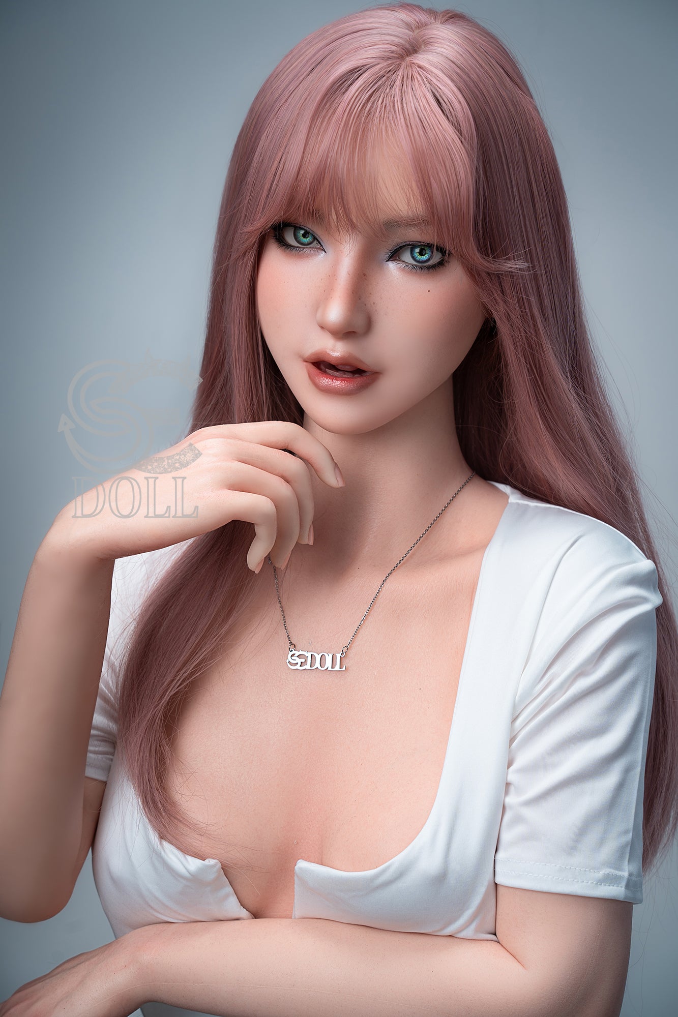 Realistic young sex doll with pale skin, big eyes, and seductive curves