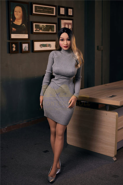 Irontech TPE sex doll posing elegantly in a fantasy office setting.