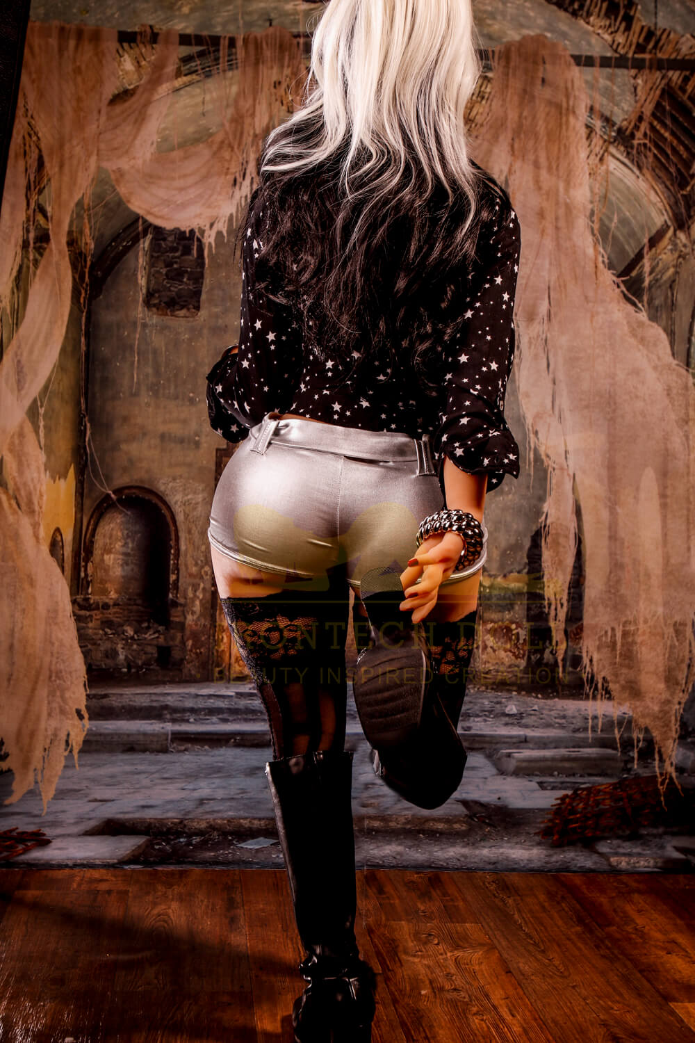 Realistic adult doll dressed in stylish outfit