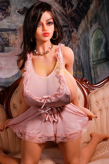 Realistic TPE sex doll with long brown hair, large breasts, and pink lingerie.