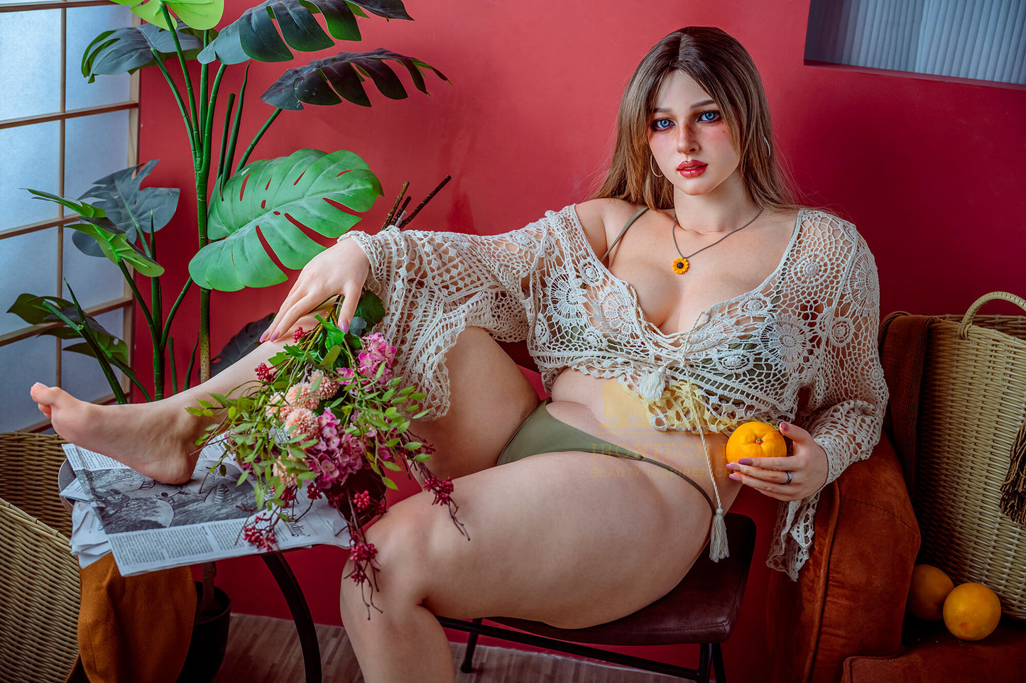 Life-size blonde BBW sex doll with G cup breasts in beach theme