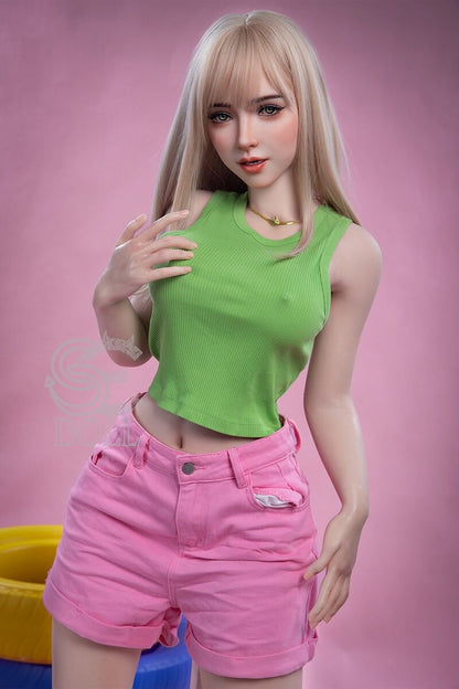 Vibrant blonde beauty with an E Cup silicone figure